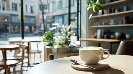 Fototapeta premium Cozy Café Scene with a Warm Cup of Coffee Resting on a Table Surrounded by Greenery and Natural Light Streaming Through Large Windows