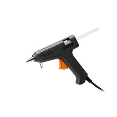 A horizontally floating hot glue gun on solid white background