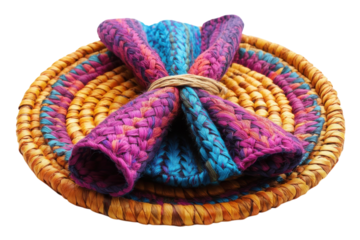 Vibrant woven napkin on colorful woven placemat rustic charm detailed on transparent background