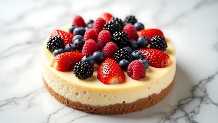 Delicious cheesecake with fresh berries on a marble surface, a delightful dessert