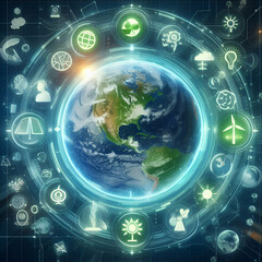 Obraz premium Holographic Earth with green energy icons concept as Rotating holographic Earth surrounded by icons representing wind solar and hydro energy emphasizing global renewable energy adoption. in Photo Sto