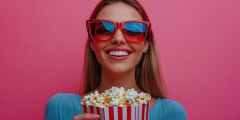 Joyful young woman enjoying popcorn against a vibrant pink background during a fun outdoor event