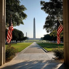Scenic View from a Monument Entrance Framed by American Flags, Showcasing the Towering Washington Monument and Lush Greenery in Washington D.C.