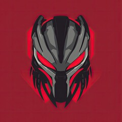 A stylized illustration of a predator helmet against a crimson background.