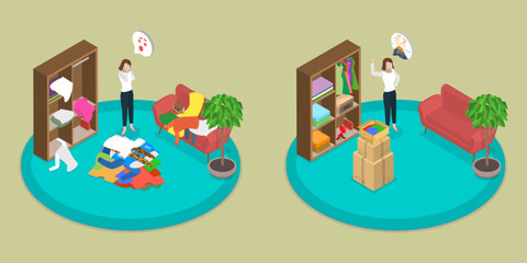 3D Isometric Flat Vector Illustration of Decluttering, Sell Arranged Clothes