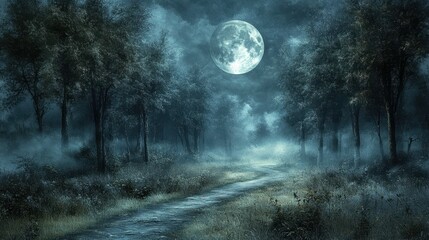 Obraz premium Mystical night forest path under full moonlight
