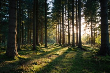 Fototapeta premium sunlight streaming through tall trees casting intricate shadows on forest floor during golden hour