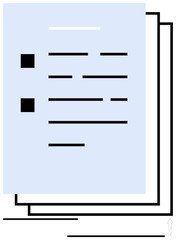Stacked document sheets with blue highlights, black bullet points, and text lines. Ideal for organization, presentations, education, data, paperwork, templates reports flat simple metaphor