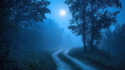 Mysterious moonlit forest path under deep blue night sky