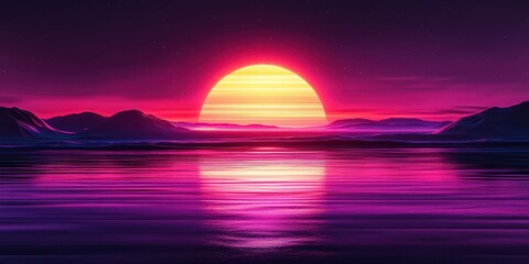 Vibrant sunset reflects on tranquil water with mountains in the background creating a serene atmosphere