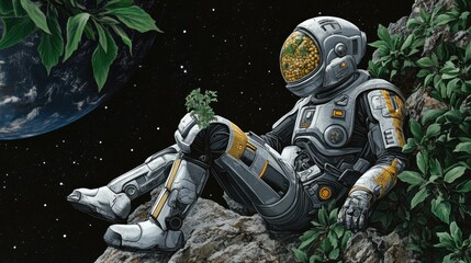 Astronaut contemplates Earth & plant life