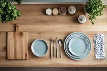 Rustic Kitchen Table Setting with Light Blue Plates and Wooden Accents
