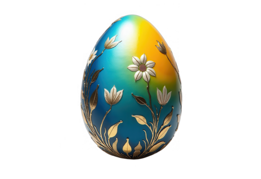 Easter egg with floral decoration on blue and yellow gradient background isolated on transparent backdrop