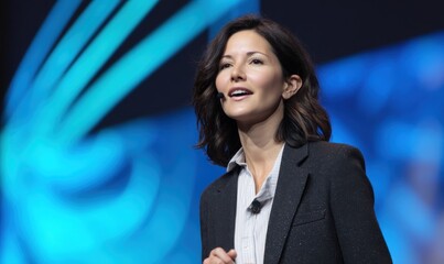Woman speaks at tech conference, background screen with digital abstract patterns