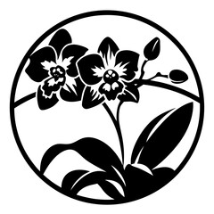 Circular floral silhouette with orchid flowers- Black round silhouette artwork of blooming orchids with buds and leaves, ideal for stencil, engraving, crafts, wall art, and decoration