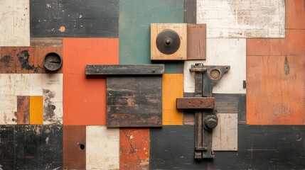 Vintage wooden tools and parts on colorful patchwork surface