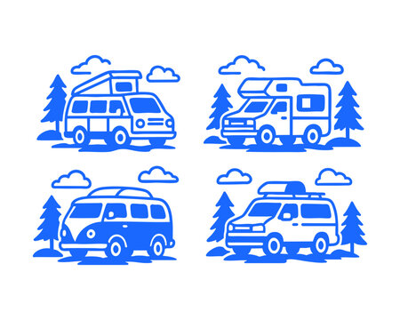 camper van doodle cartoon drawing vector illustration set with Varied Poses and Expressions

