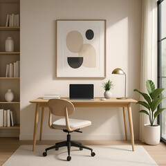 Modern Minimalist Home Office Interior with Natural Light and Wooden Desk – Generative AI