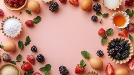 Fresh Ingredients for Baking Beautiful Desserts: Berries, Eggs, Sugar, and Cream on a Pink Background Ready for Creative Culinary Activities