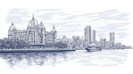 A sketch depicting a cityscape with buildings and water reflection