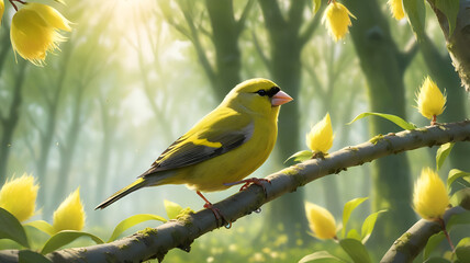 Greenfinch a Greenfinch hops along the branch of a tree