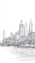 Detailed sketch of a coastal cityscape with tall buildings and domes