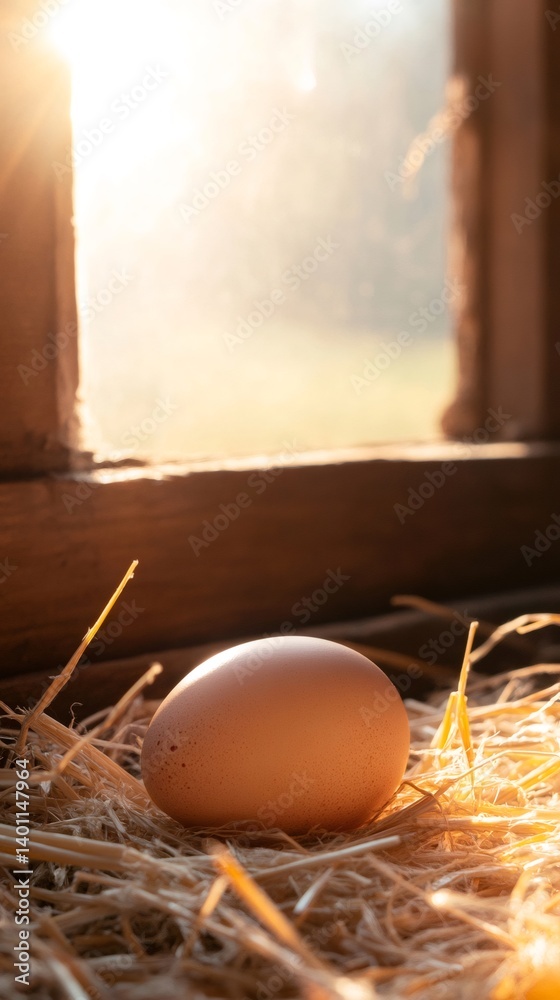 Poster Fresh brown egg resting on straw, basking in the warm sunlight streaming through the window of a cozy chicken coop, creating a charming and rustic farm atmosphere