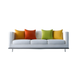 White Sofa with Colorful Pillows on Transparent Background