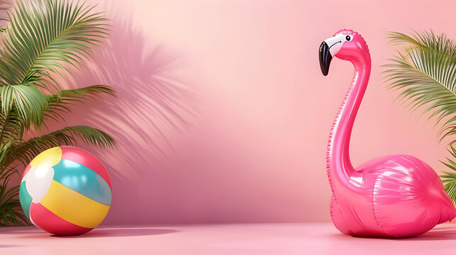 un fondo rosa con espacio de copia con un flamingo inflable y una pelota playera para jugar en la playa en un dia de verano en vacaciones