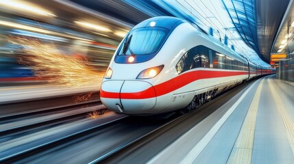 Fototapeta premium High-Speed Train Racing Through Modern Station with Speed Motion Blur and Sparks, Showcasing the Efficiency of Rail Travel in a Dynamic Urban Environment