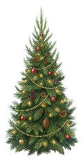 Fototapeta premium Watercolor Christmas Tree, Decorated with Ornaments and Lights, Isolated on Transparent Background, Holiday Clipart, Christmas tree, illustration, winter