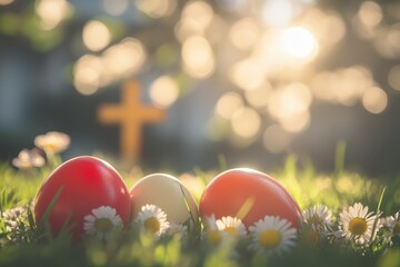 Colorful Easter eggs in the grass with daisies and copy space for text, blurred background of an Easter landscape with a white church cross, bright sunny day, sunlight, happy holiday concept