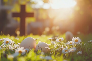 Colorful Easter eggs in the grass with daisies and copy space for text, blurred background of an Easter landscape with a white church cross, bright sunny day, sunlight, happy holiday concept