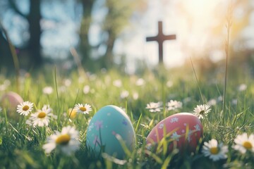 Colorful Easter eggs in the grass with daisies and copy space for text, blurred background of an Easter landscape with a white church cross, bright sunny day, sunlight, happy holiday concept