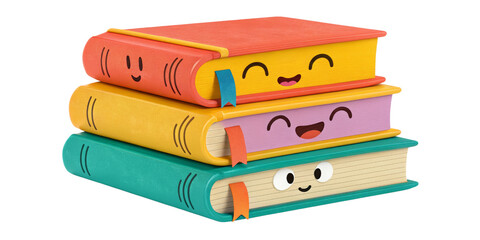 Stack of Cute Cartoon Books, 3D Render, Isolated on Transparent Background, Education, Children's Books, Happy Books, books, illustration, 3d render