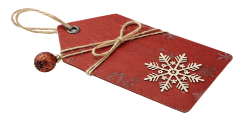 Red Wooden Christmas Gift Tag with Snowflake, Isolated on Transparent Background, Christmas Decoration, Holiday Tag, Christmas, Gift Tag, Snowflake