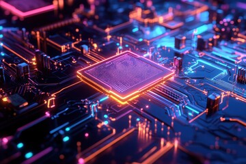 Obraz premium Vibrant circuitry lights up a modern digital landscape with neon hues and intricate designs