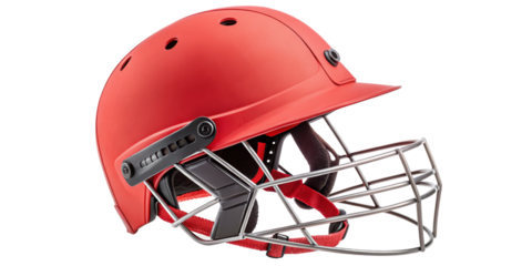 Red Cricket Helmet with Face Guard, Isolated on Transparent Background, 3D Render, Sport Equipment, Cricket, Helmet, Safety