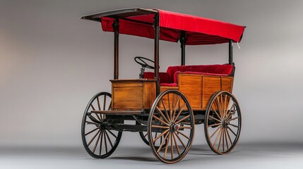 Antique wooden carriage with red canopy, large wheels, and simple design