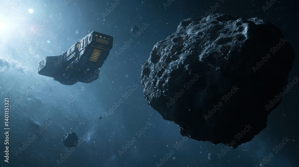 Wall mural futuristic spaceship navigates through asteroid belt in deep outer space environment