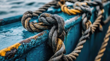 Fototapeta premium Detailed Close-Up of Twisted Nautical Rope on Boat Surface
