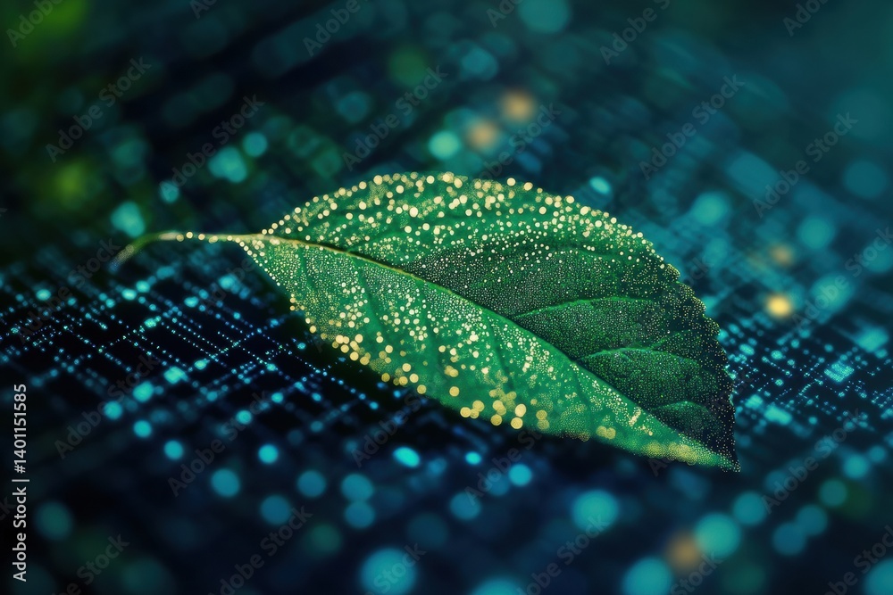 Poster Green leaf transforms into digital pixels representing nature and technology blending seamlessly in an abstract visual display