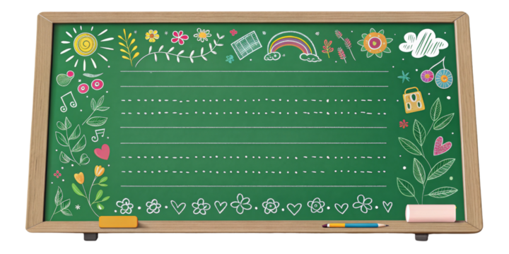 Green Chalkboard with Floral Design and Notes, Isolated on Transparent Background, School Supplies, Spring Theme, Chalkboard, Floral, Notepad