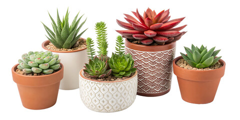 Five Succulents in Terracotta and Patterned Pots, Isolated on Transparent Background, Potted Plants, Succulent Arrangement, Home Decor, Succulents, Plants, Decor
