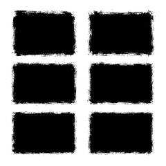 Collection of six black grunge-textured rectangles with rough, jagged edges. Represents distressed backgrounds, design elements, and artistic overlays.