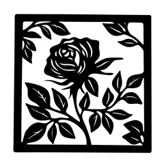 Rose square frame floral stencil- Elegant rose with leaves in a square border, ideal for stencils, papercraft, wall art, invitations, greeting cards, and decorative floral designs