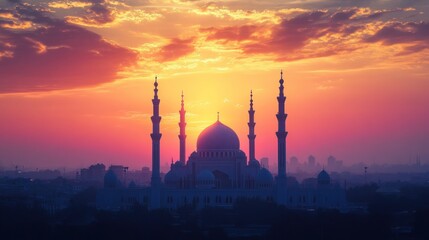 Obraz premium Mosque Silhouette at Colorful Sunset with Cityscape and Dramatic Sky