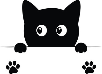 Silhouette Black Cat with Paw Prints on White Isolated Background Cartoon Design