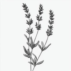 Fototapeta premium Black and White Illustration of a Lavender Plant with Detailed Leaves and Flowers Captured on a Minimalist Background