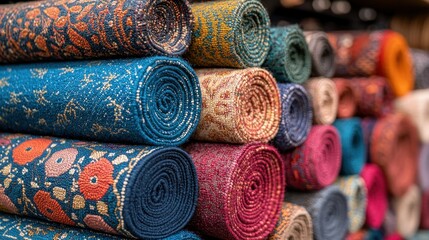 Vibrant Rolled Rugs: A Colorful Textile Display